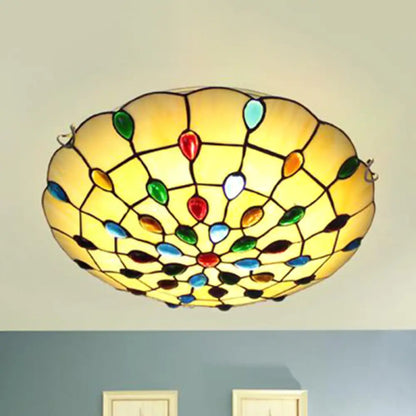 DecorBites™ DecorBites™ Rustic Loft Stained Glass Flush Mount Light in Beige/Yellow - 12"/16"/19.5" Diameter - Bedroom Ceiling Fixture with Jewel Decoration