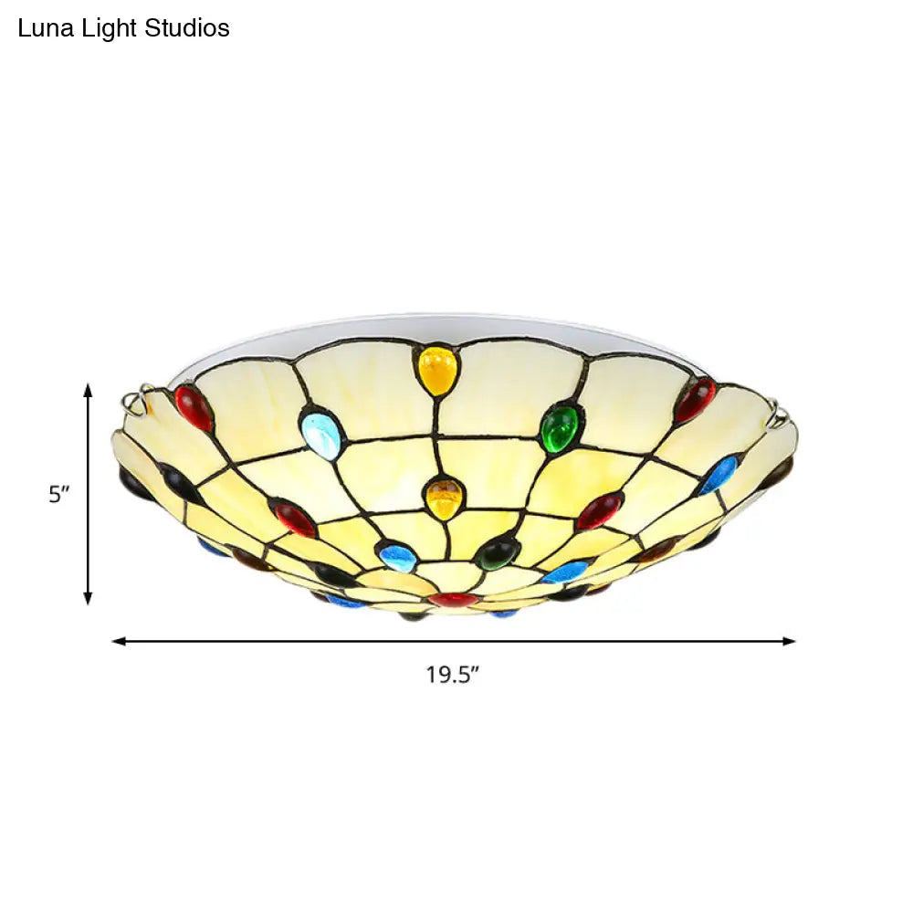 DecorBites™ DecorBites™ Rustic Loft Stained Glass Flush Mount Light in Beige/Yellow - 12"/16"/19.5" Diameter - Bedroom Ceiling Fixture with Jewel Decoration