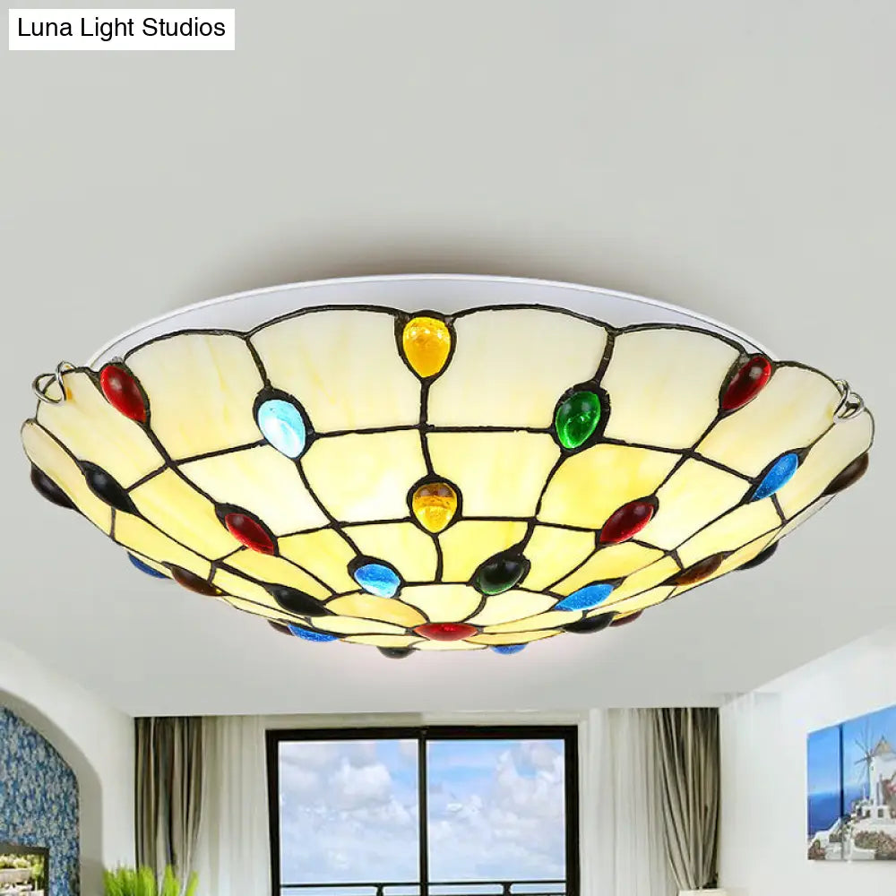 DecorBites™ DecorBites™ Rustic Loft Stained Glass Flush Mount Light in Beige/Yellow - 12"/16"/19.5" Diameter - Bedroom Ceiling Fixture with Jewel Decoration