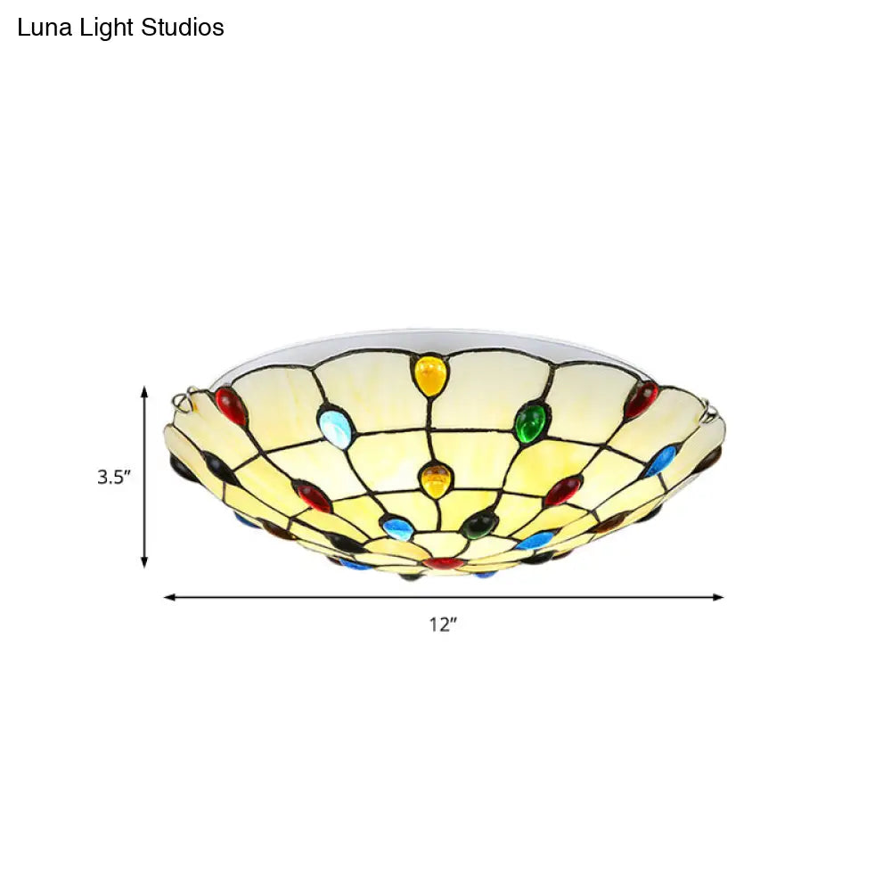 DecorBites™ DecorBites™ Rustic Loft Stained Glass Flush Mount Light in Beige/Yellow - 12"/16"/19.5" Diameter - Bedroom Ceiling Fixture with Jewel Decoration