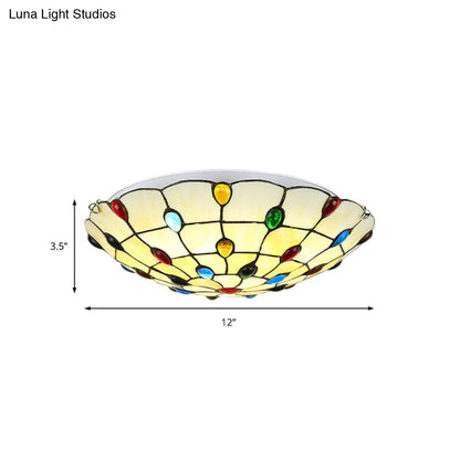 DecorBites™ DecorBites™ Rustic Loft Stained Glass Flush Mount Light in Beige/Yellow - 12"/16"/19.5" Diameter - Bedroom Ceiling Fixture with Jewel Decoration
