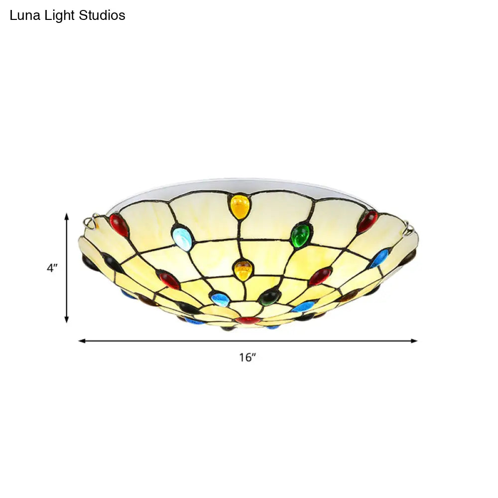 DecorBites™ DecorBites™ Rustic Loft Stained Glass Flush Mount Light in Beige/Yellow - 12"/16"/19.5" Diameter - Bedroom Ceiling Fixture with Jewel Decoration