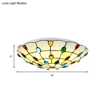 DecorBites™ DecorBites™ Rustic Loft Stained Glass Flush Mount Light in Beige/Yellow - 12"/16"/19.5" Diameter - Bedroom Ceiling Fixture with Jewel Decoration