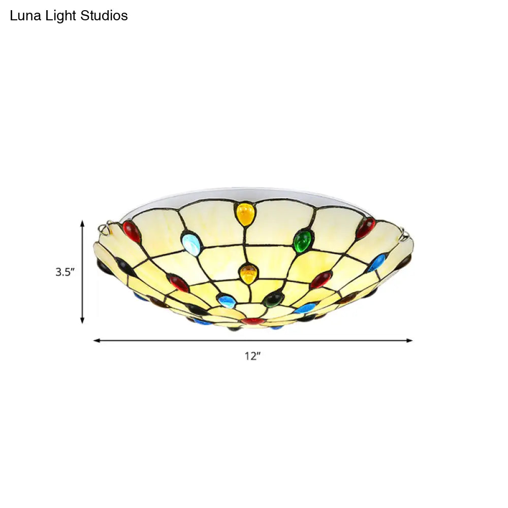 DecorBites™ DecorBites™ Rustic Loft Stained Glass Flush Mount Light in Beige/Yellow - 12"/16"/19.5" Diameter - Bedroom Ceiling Fixture with Jewel Decoration
