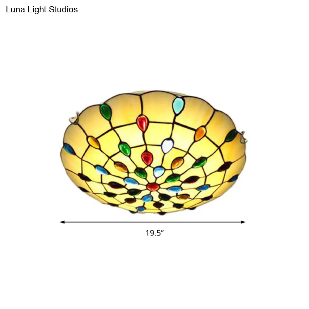 DecorBites™ DecorBites™ Rustic Loft Stained Glass Flush Mount Light in Beige/Yellow - 12"/16"/19.5" Diameter - Bedroom Ceiling Fixture with Jewel Decoration