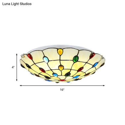 DecorBites™ DecorBites™ Rustic Loft Stained Glass Flush Mount Light in Beige/Yellow - 12"/16"/19.5" Diameter - Bedroom Ceiling Fixture with Jewel Decoration