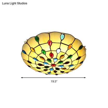 DecorBites™ DecorBites™ Rustic Loft Stained Glass Flush Mount Light in Beige/Yellow - 12"/16"/19.5" Diameter - Bedroom Ceiling Fixture with Jewel Decoration