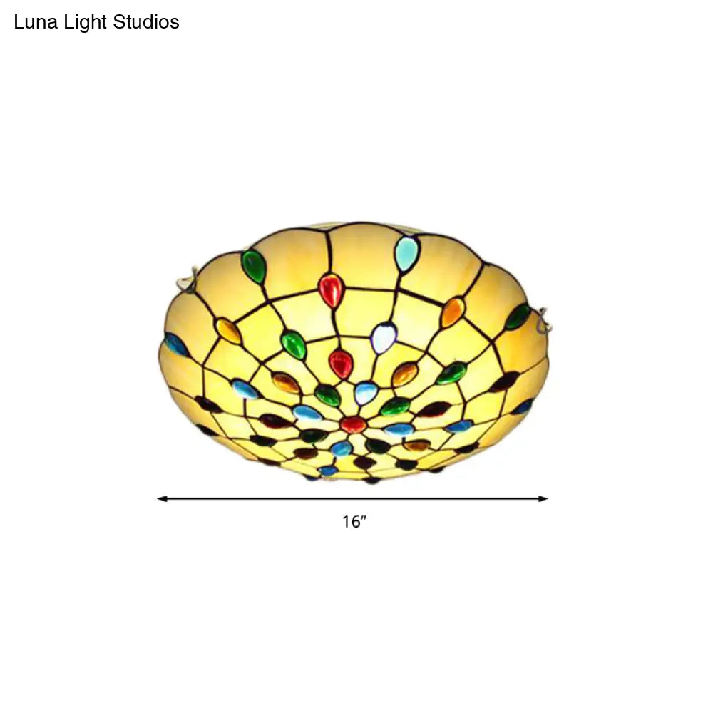 DecorBites™ DecorBites™ Rustic Loft Stained Glass Flush Mount Light in Beige/Yellow - 12"/16"/19.5" Diameter - Bedroom Ceiling Fixture with Jewel Decoration