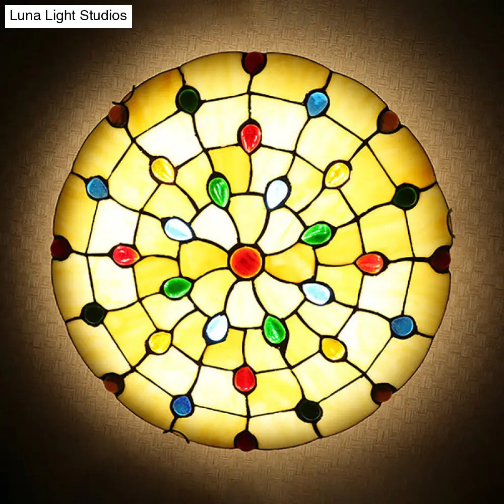 DecorBites™ DecorBites™ Rustic Loft Stained Glass Flush Mount Light in Beige/Yellow - 12"/16"/19.5" Diameter - Bedroom Ceiling Fixture with Jewel Decoration