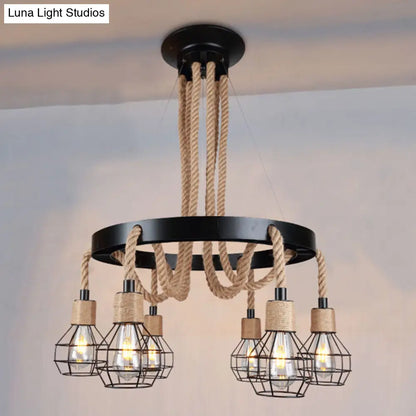 Rustic Metal and Rope Chandelier: Globe Pendant Lighting for Dining Room (6/8 Light) in Black with Ring