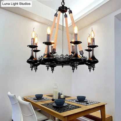 Rustic Metal and Rope Pendant Chandelier with 3/6/8 Lights - Black Candle Dining Room Hanging Ceiling Fixture