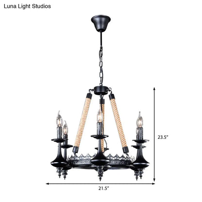 Rustic Metal and Rope Pendant Chandelier with 3/6/8 Lights - Black Candle Dining Room Hanging Ceiling Fixture