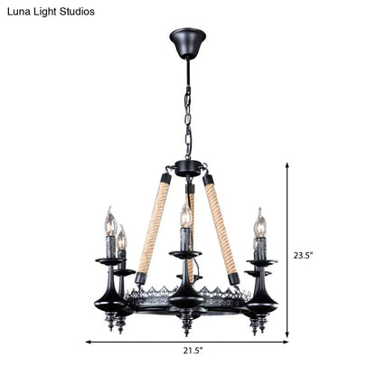 Rustic Metal and Rope Pendant Chandelier with 3/6/8 Lights - Black Candle Dining Room Hanging Ceiling Fixture