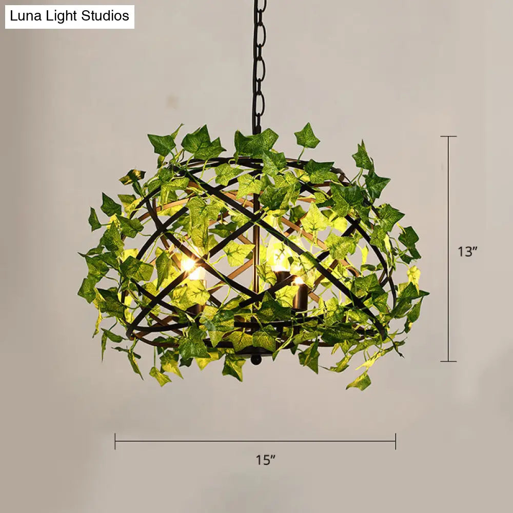 Rustic Metal Bird Nest Pendant Light with Green Ivy Decor, 4 Bulbs - Ideal for Restaurants