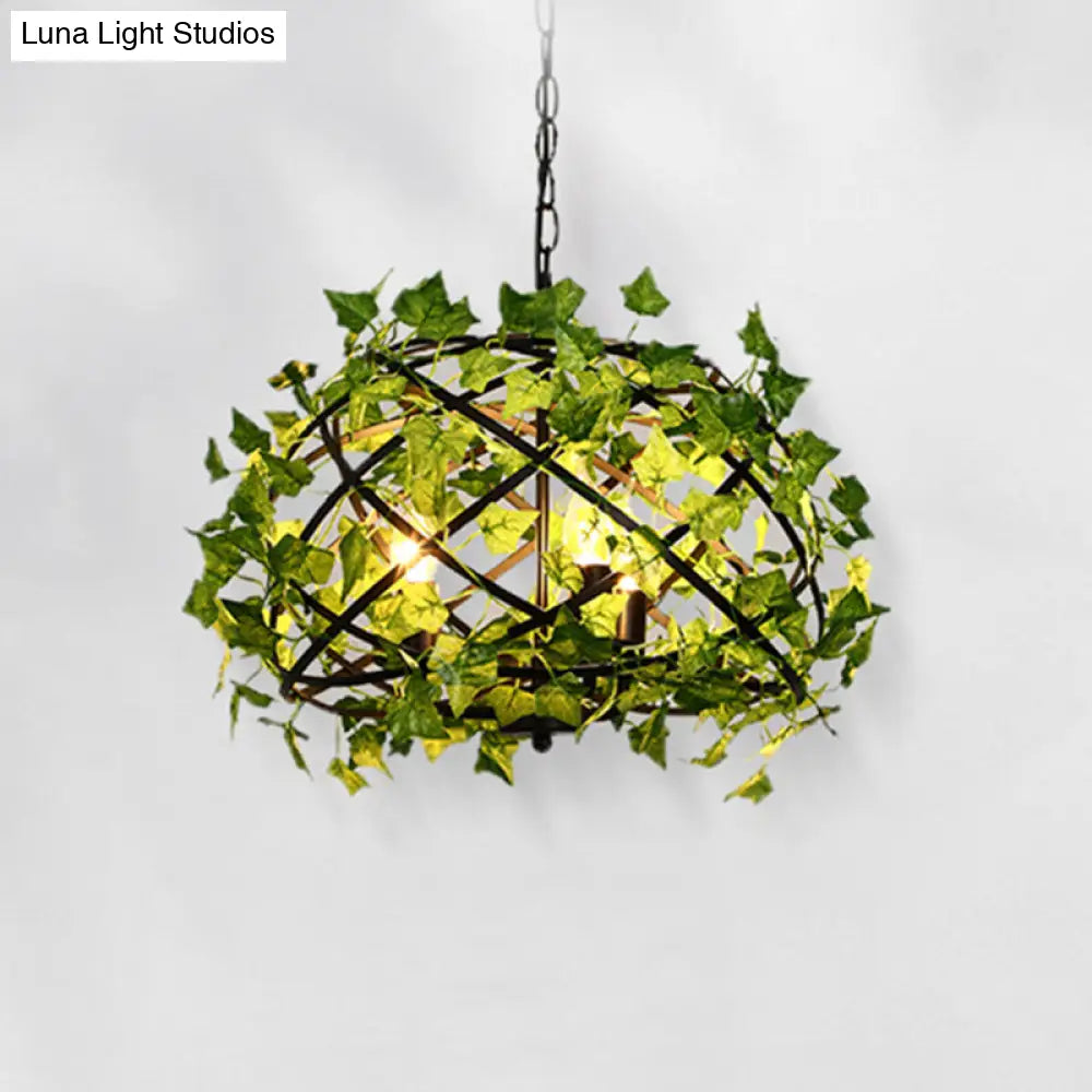 Rustic Metal Bird Nest Pendant Light with Green Ivy Decor, 4 Bulbs - Ideal for Restaurants