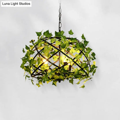 Rustic Metal Bird Nest Pendant Light with Green Ivy Decor, 4 Bulbs - Ideal for Restaurants