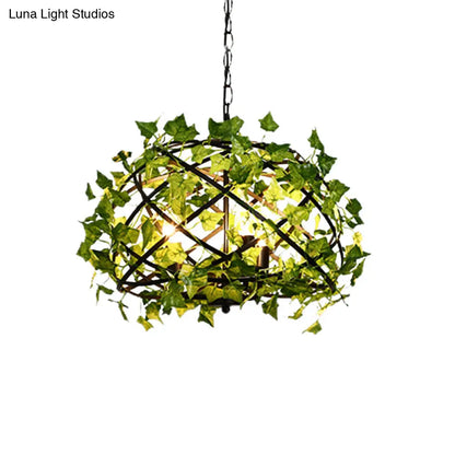 Rustic Metal Bird Nest Pendant Light with Green Ivy Decor, 4 Bulbs - Ideal for Restaurants