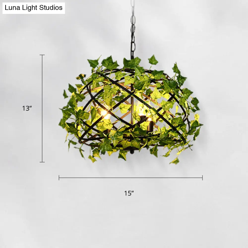 Rustic Metal Bird Nest Pendant Light with Green Ivy Decor, 4 Bulbs - Ideal for Restaurants