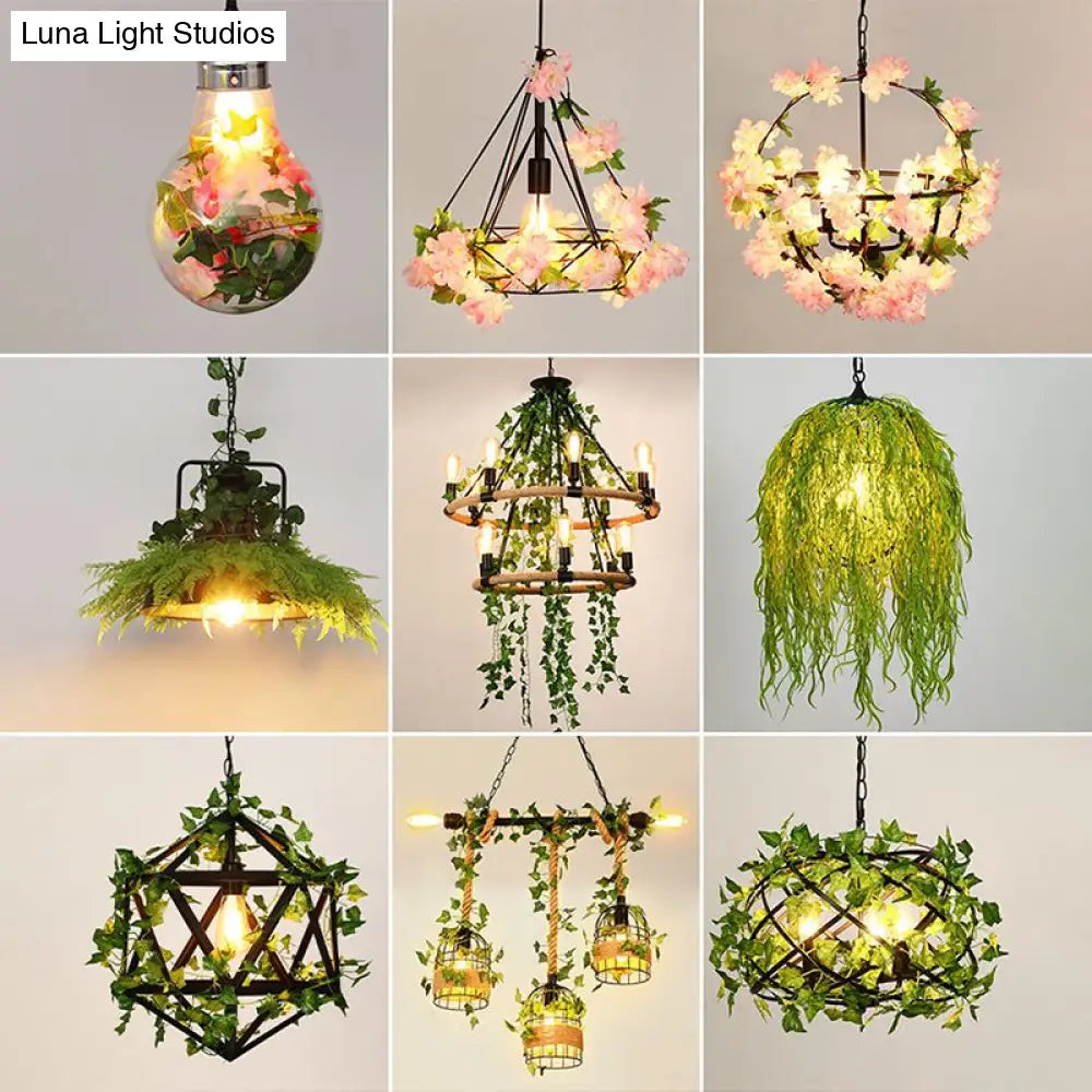 Rustic Metal Bird Nest Pendant Light with Green Ivy Decor, 4 Bulbs - Ideal for Restaurants