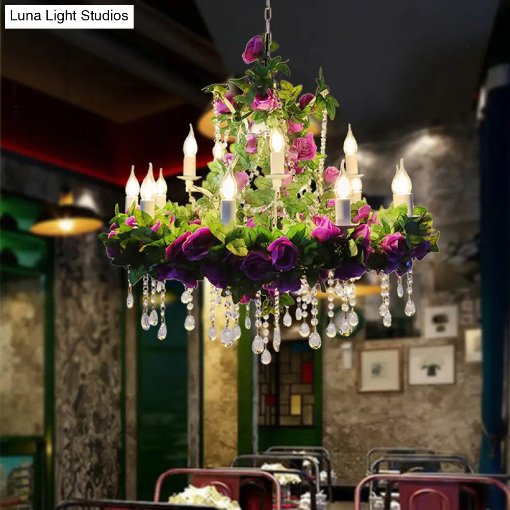 Rustic Metal Chandelier with Candle Pendant and Plant Decorations for Restaurant Ceiling