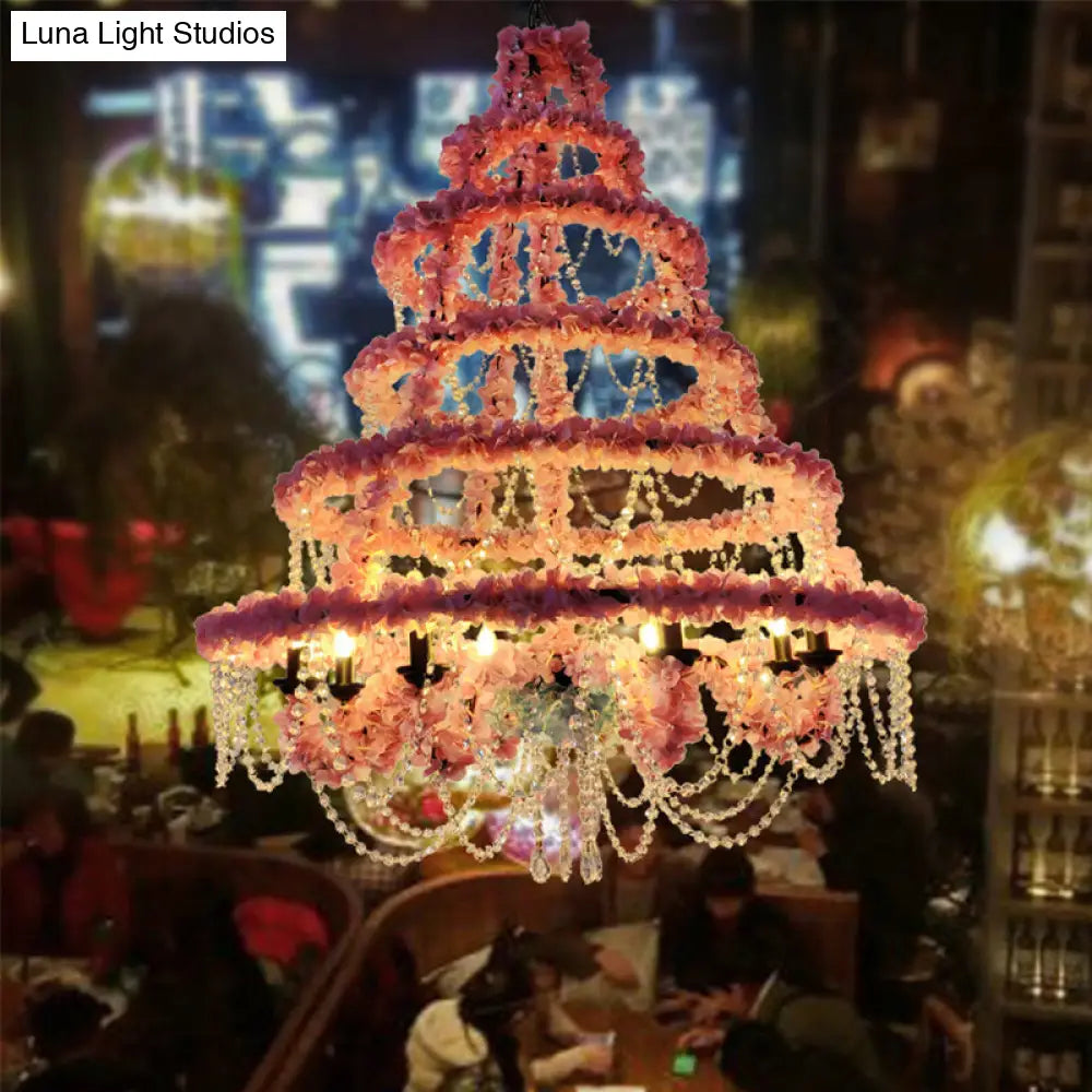 Rustic Metal Chandelier with Candle Pendant and Plant Decorations for Restaurant Ceiling