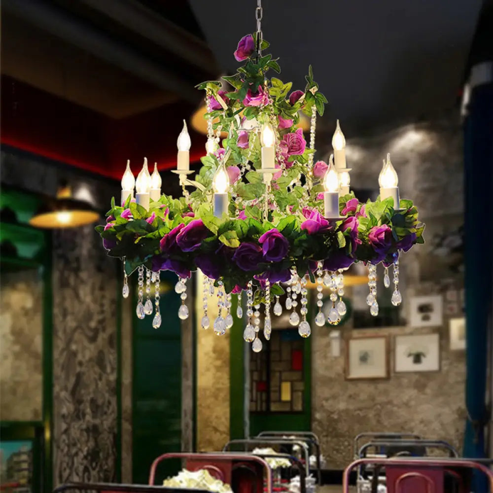 Rustic Metal Chandelier with Candle Pendant and Plant Decorations for Restaurant Ceiling