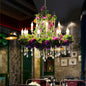 Rustic Metal Chandelier with Candle Pendant and Plant Decorations for Restaurant Ceiling