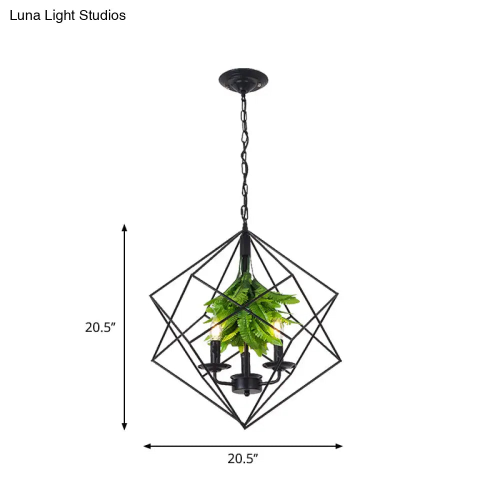 Rustic Metal Chandelier with Rhombus Cage, 3 Lights, Black Finish, Green Leaf Deco – Perfect for Restaurants