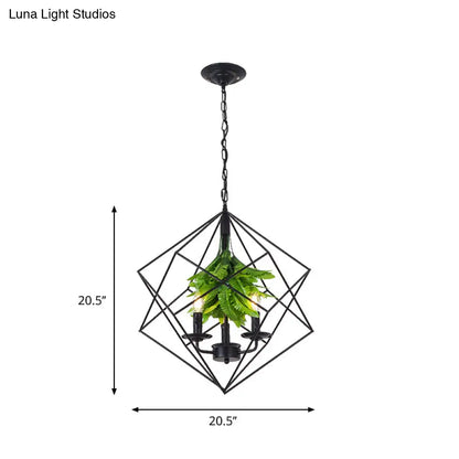 Rustic Metal Chandelier with Rhombus Cage, 3 Lights, Black Finish, Green Leaf Deco – Perfect for Restaurants