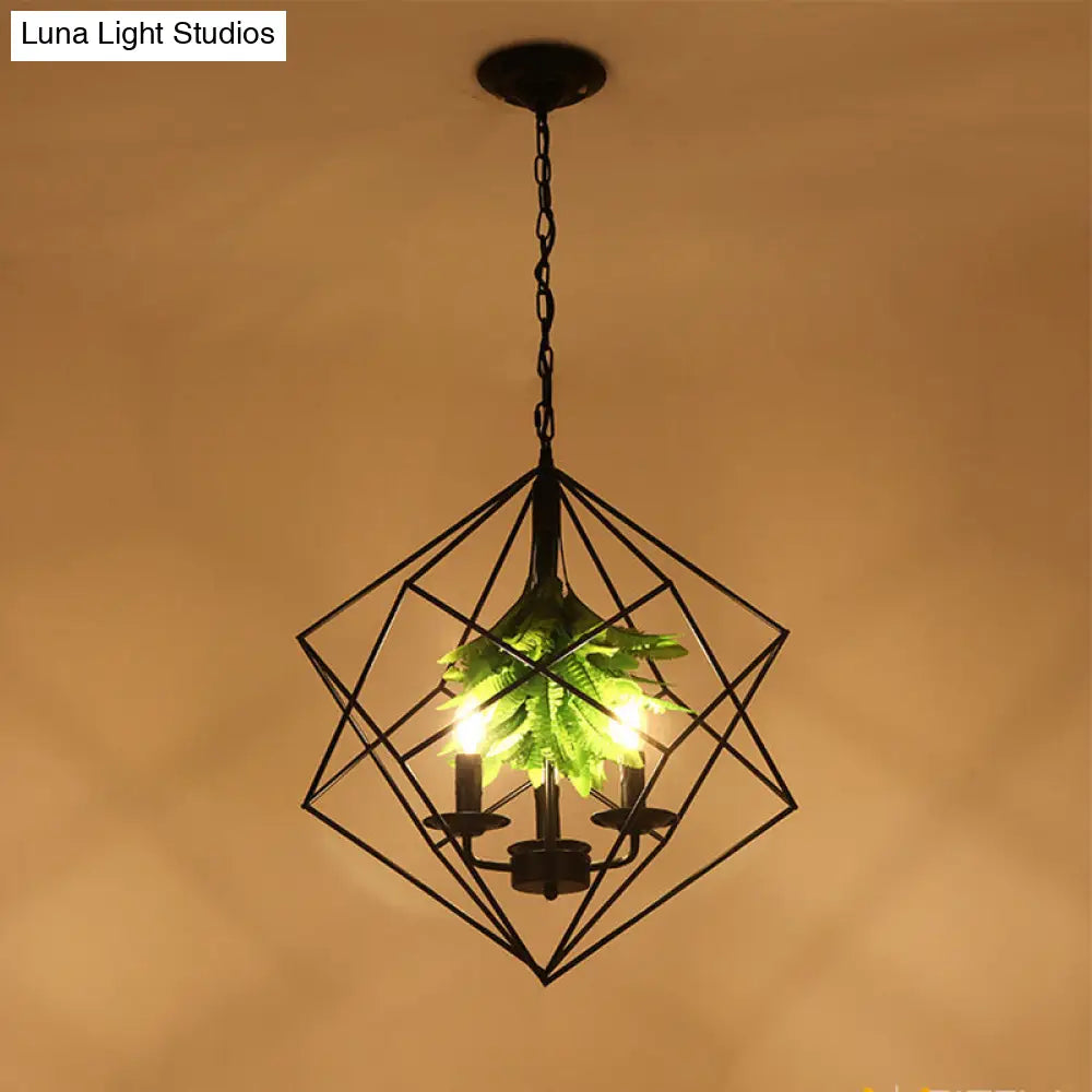 Rustic Metal Chandelier with Rhombus Cage, 3 Lights, Black Finish, Green Leaf Deco – Perfect for Restaurants