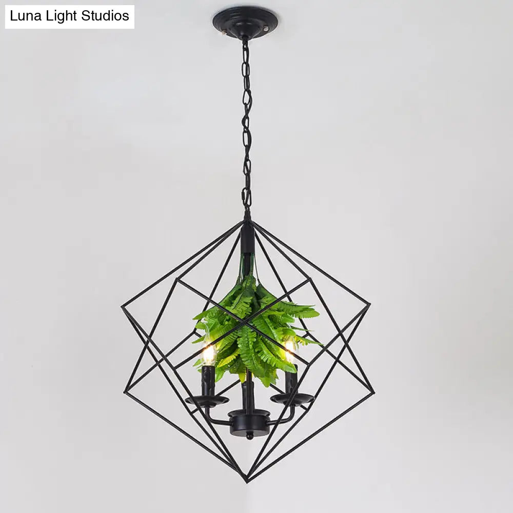 Rustic Metal Chandelier with Rhombus Cage, 3 Lights, Black Finish, Green Leaf Deco – Perfect for Restaurants