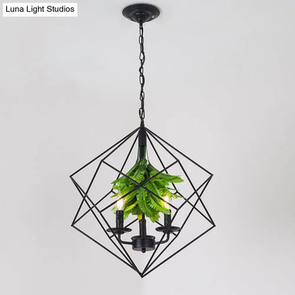 Rustic Metal Chandelier with Rhombus Cage, 3 Lights, Black Finish, Green Leaf Deco – Perfect for Restaurants