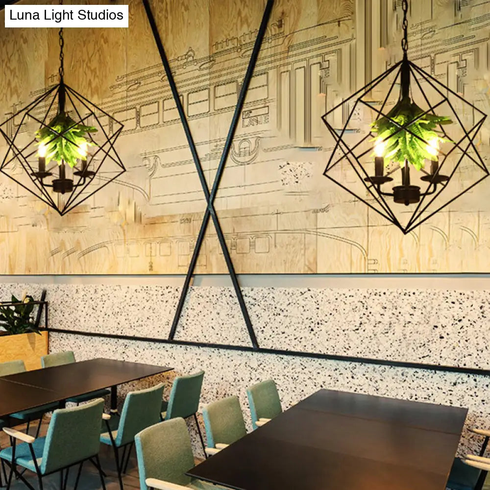 Rustic Metal Chandelier with Rhombus Cage, 3 Lights, Black Finish, Green Leaf Deco – Perfect for Restaurants