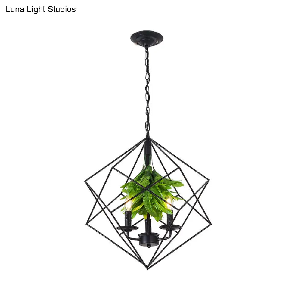 Rustic Metal Chandelier with Rhombus Cage, 3 Lights, Black Finish, Green Leaf Deco – Perfect for Restaurants