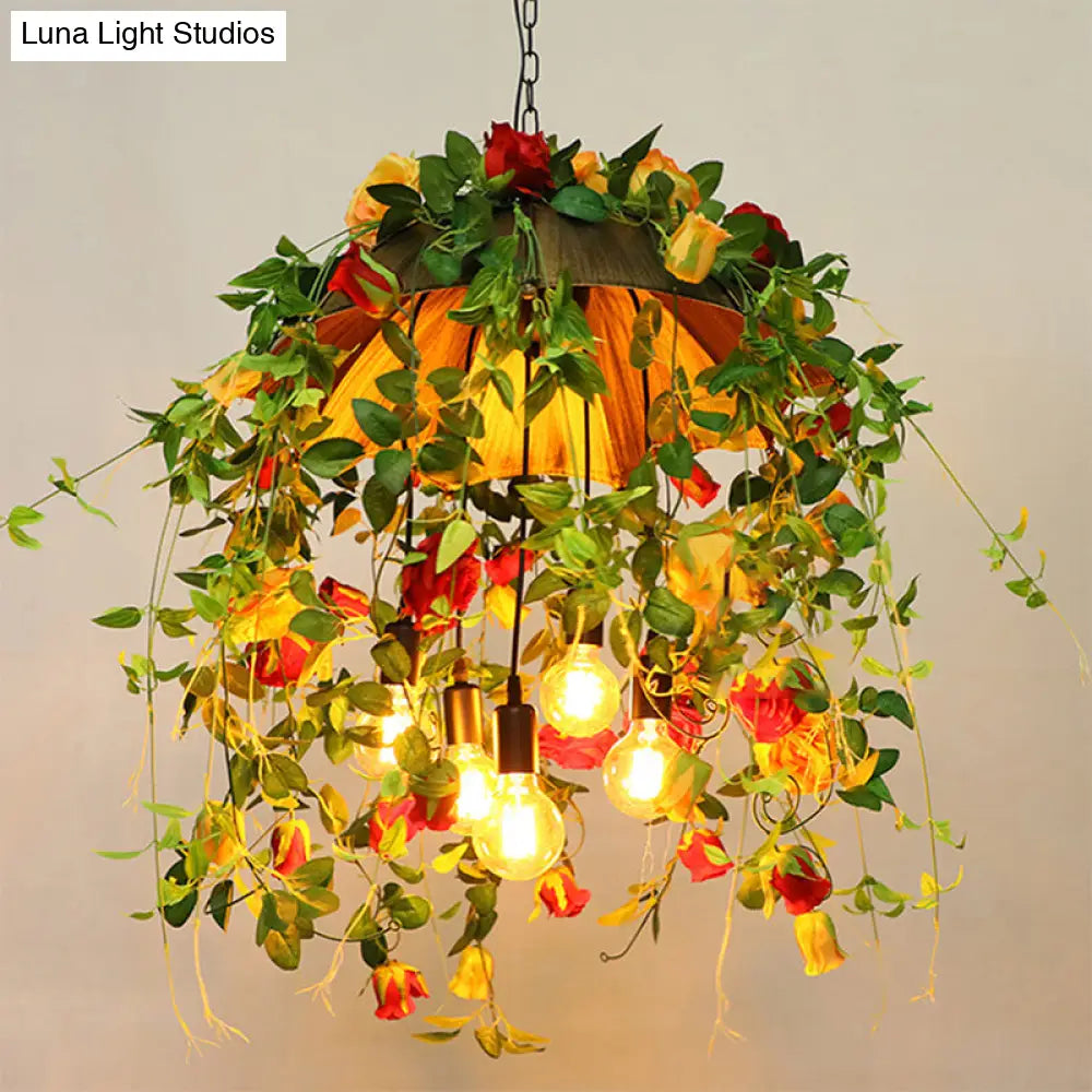 Rustic Metal Dome Chandelier - Orange 5-Bulb Pendant Lighting with Artful Floral and Leaf Design