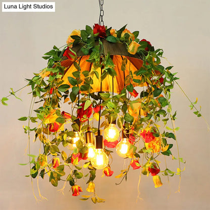 Rustic Metal Dome Chandelier - Orange 5-Bulb Pendant Lighting with Artful Floral and Leaf Design