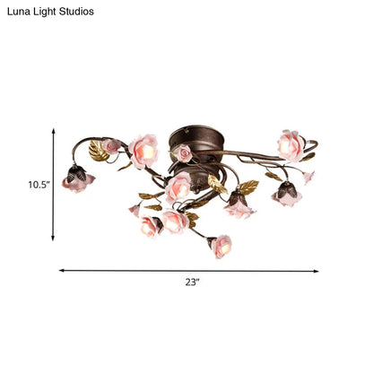 DecorBites™ DecorBites™ Rustic Metal LED Semi-Mount Ceiling Light with Rose Design - 9/12/20 Dark Brown Heads