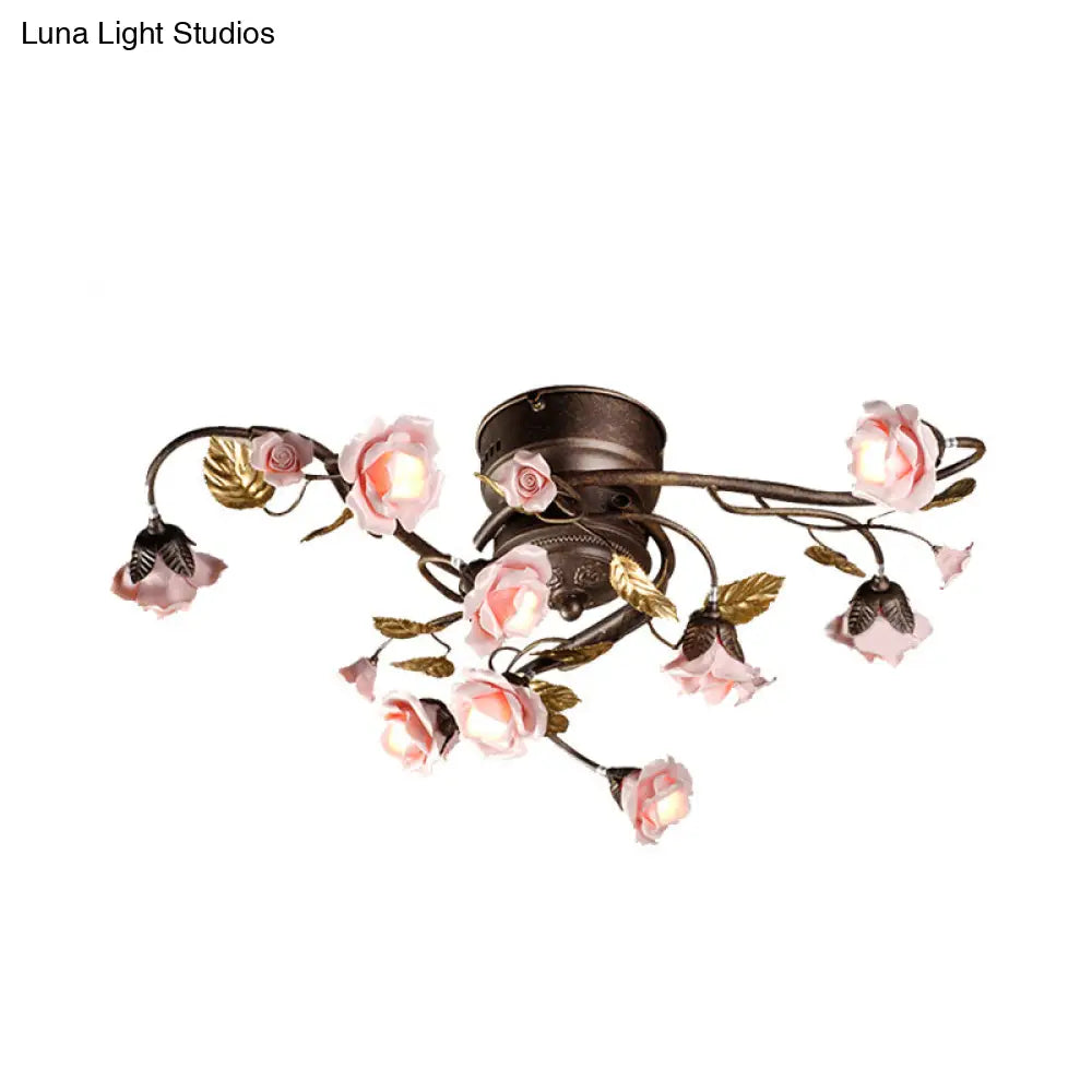 DecorBites™ DecorBites™ Rustic Metal LED Semi-Mount Ceiling Light with Rose Design - 9/12/20 Dark Brown Heads