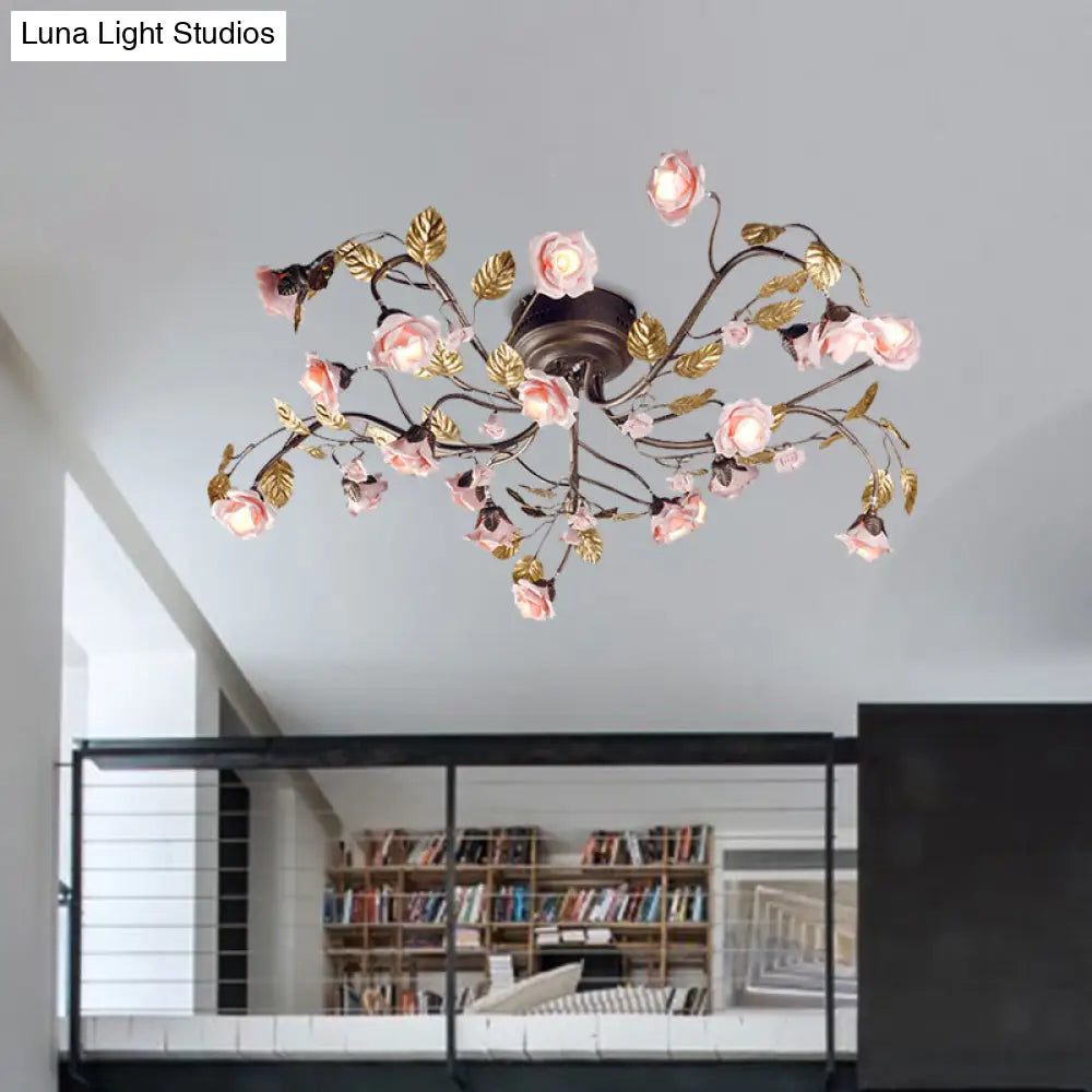 DecorBites™ DecorBites™ Rustic Metal LED Semi-Mount Ceiling Light with Rose Design - 9/12/20 Dark Brown Heads