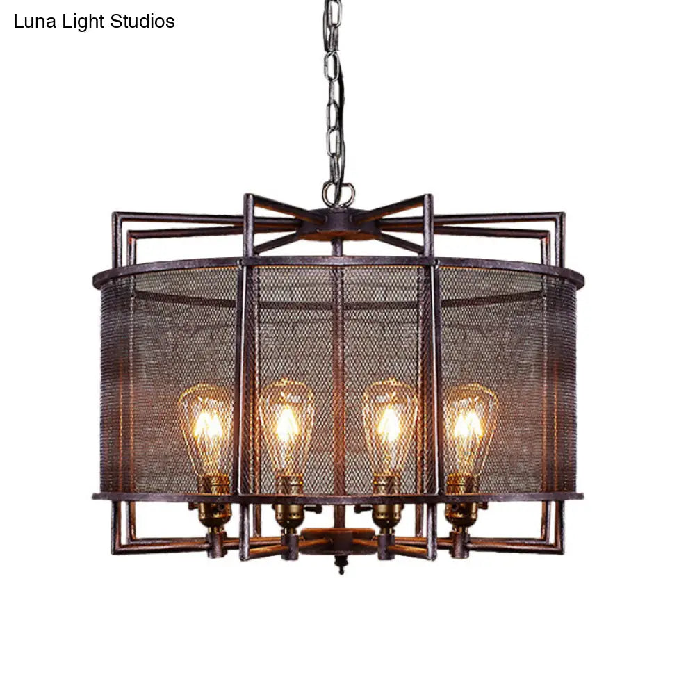 Rustic Metal Mesh Drum Chandelier - Loft Farmhouse Hanging Lamp
