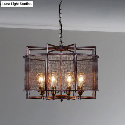 Rustic Metal Mesh Drum Chandelier - Loft Farmhouse Hanging Lamp