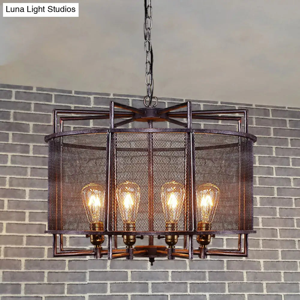 Rustic Metal Mesh Drum Chandelier - Loft Farmhouse Hanging Lamp