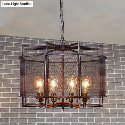 Rustic Metal Mesh Drum Chandelier - Loft Farmhouse Hanging Lamp