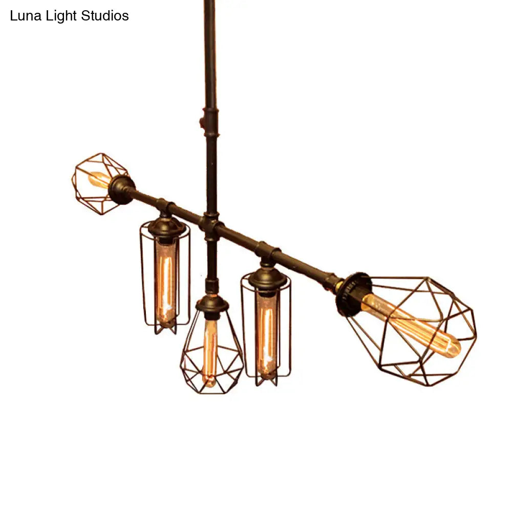 Rustic Metal Pipe Chandelier with Black Cage Shade - 5 Lights - Bedroom Ceiling Fixture"
