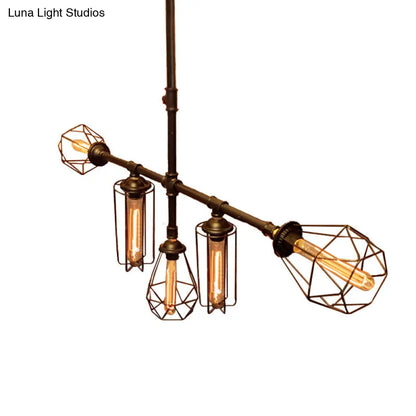 Rustic Metal Pipe Chandelier with Black Cage Shade - 5 Lights - Bedroom Ceiling Fixture"