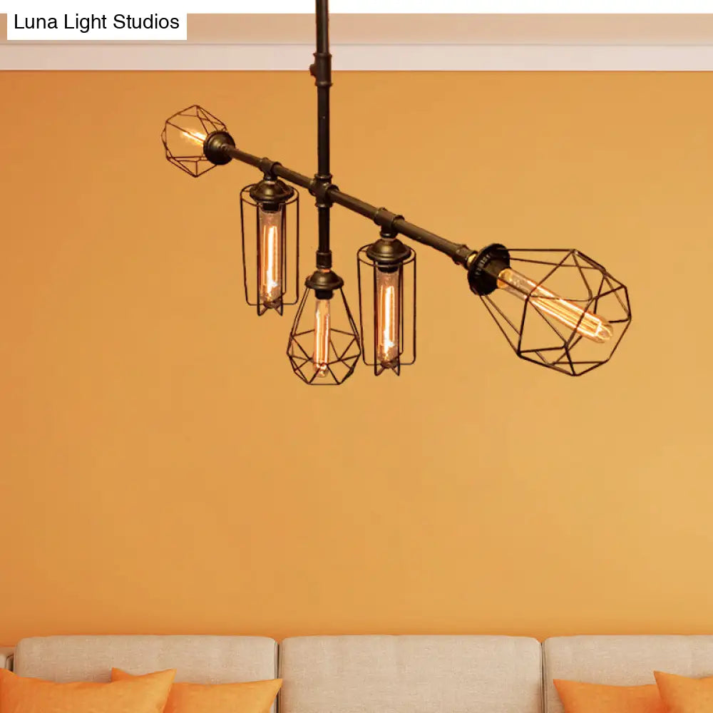 Rustic Metal Pipe Chandelier with Black Cage Shade - 5 Lights - Bedroom Ceiling Fixture"