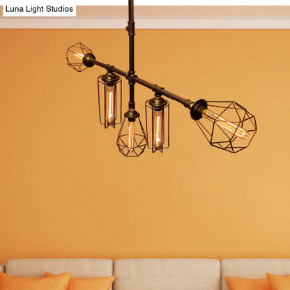 Rustic Metal Pipe Chandelier with Black Cage Shade - 5 Lights - Bedroom Ceiling Fixture"