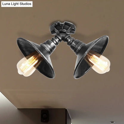 DecorBites™ DecorBites™ Rustic Metal Shade Pendant Light with Flare: 2-Bulb Ceiling Fixture in Aged Silver/Bronze Finish