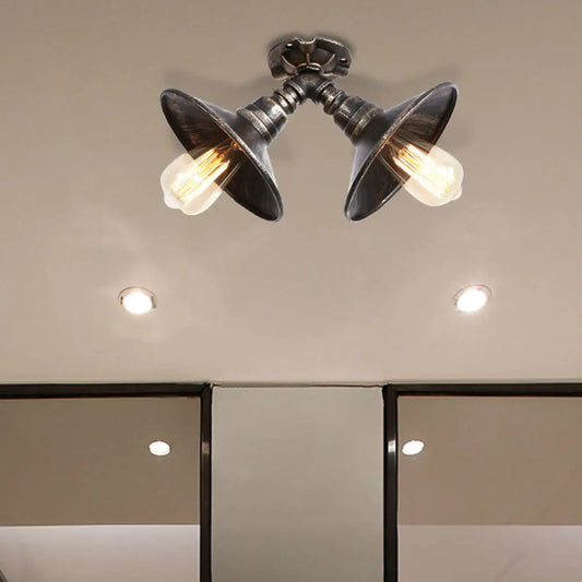 DecorBites™ DecorBites™ Rustic Metal Shade Pendant Light with Flare: 2-Bulb Ceiling Fixture in Aged Silver/Bronze Finish