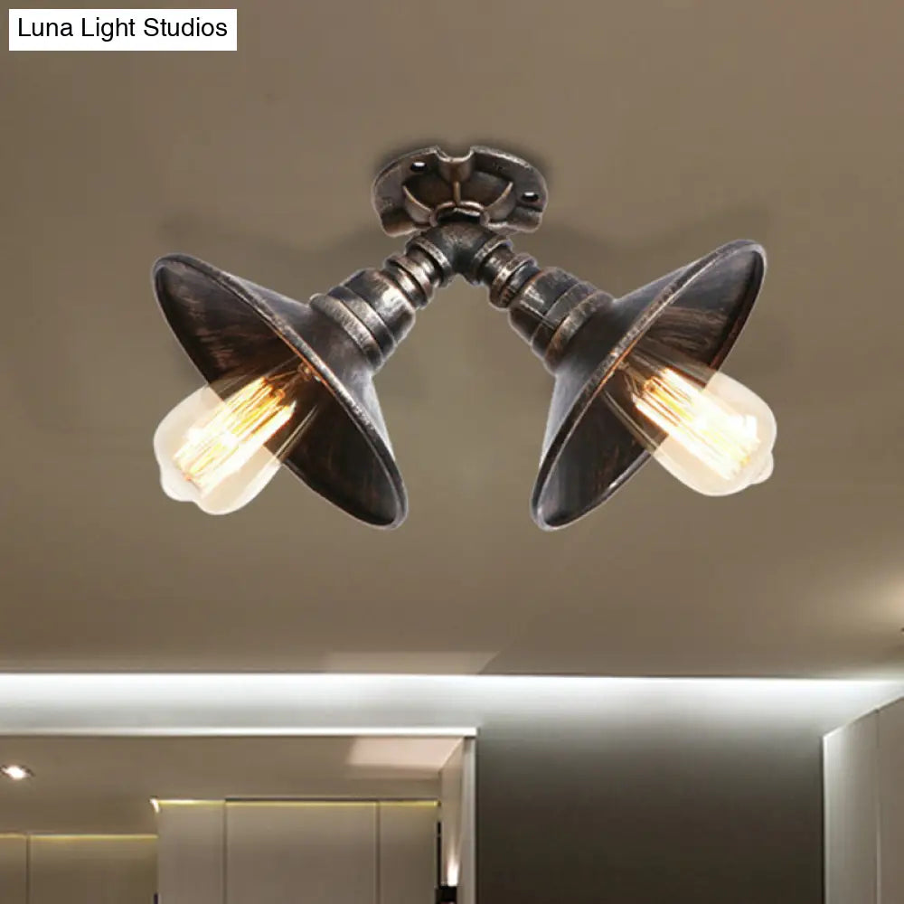 DecorBites™ DecorBites™ Rustic Metal Shade Pendant Light with Flare: 2-Bulb Ceiling Fixture in Aged Silver/Bronze Finish